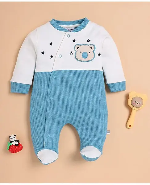 Wonderchild Full Sleeves Teddy Bear Patch Detailed Colour Blocked Footed Sleepsuit - White & Blue