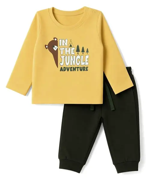 Doodle Poodle 100% Cotton Knit Full Sleeves Bear & Text Printed T-Shirt & Joggers Set - Yellow & Green