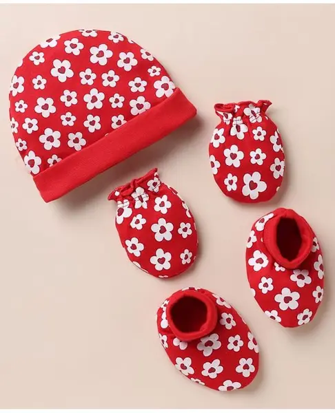 Babyhug 100% Cotton Interlock Knit Cap  Mitten & Booties with Floral Print Read - Diameter 10.5 cm