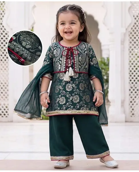 EARTHY TOUCH Cotton Jersey Knit Full Sleeves Kurta Palazzo & Dupatta Set With Floral Zari Work - Dark Green