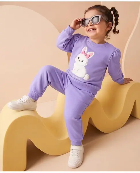 Babyhug Terry Knit Full Sleeves  T-Shirt & Lounge Pant Set with Bunny Applique - Lavender