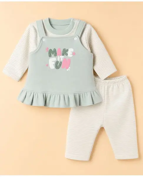 Moms pet Fleece Knit Make It Fun Text Embroidered Winter Dress With Full Sleeves Tee & Leggings  Set - Green