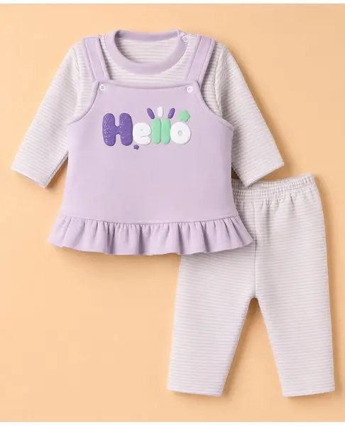 Moms pet Fleece Knit Hello Text Embroidered Winter Dress With Full Sleeves Tee & Leggings Set - Purple