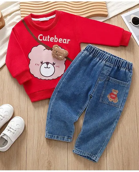 Mark & Mia Cotton Full Sleeves Winter Wear Suit With Bear Print & Applique - Red & Blue
