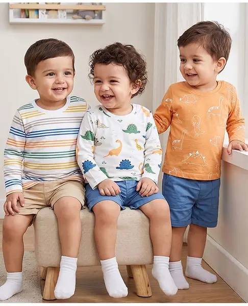 Babyhug Cotton Knit T-Shirts with Full Sleeves and Dinosaur & Striped Print Pack of 3 - White  Blue & Orange