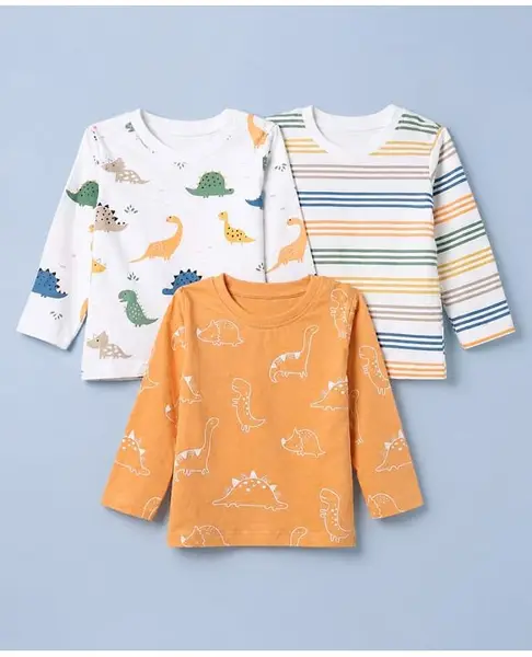 Babyhug Cotton Knit T-Shirts with Full Sleeves and Dinosaur & Striped Print Pack of 3 - White  Blue & Orange