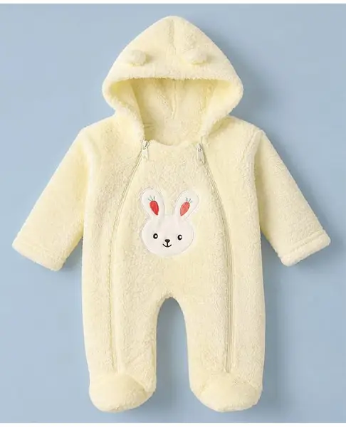 Babyhug Sherpa Fur Knit Full Sleeves Hooded Winter Romper With Bear Patch - Light yellow