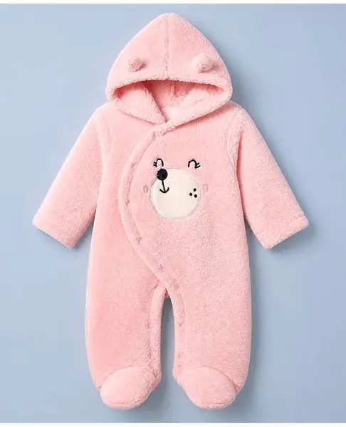 Babyhug Sherpa Fur Knit Hooded Winter Romper With Hood - Peach