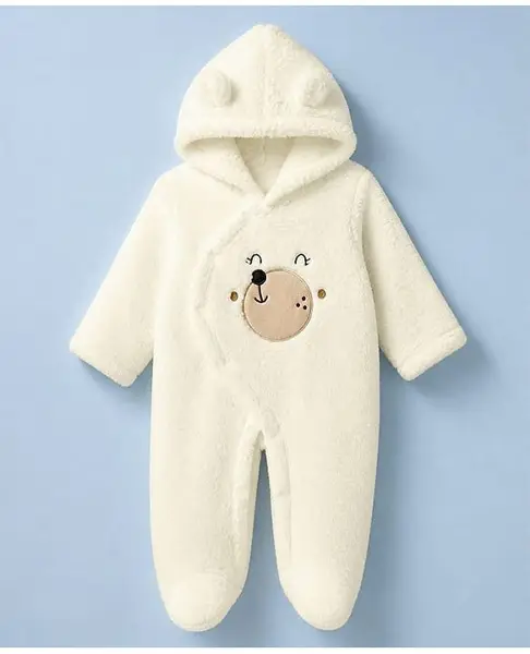Babyhug Sherpa Fur Knit Hooded Winter Romper With Hood - Offwhite