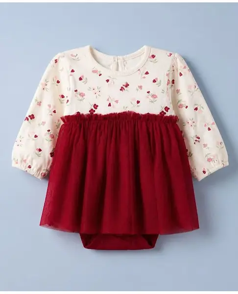 Babyhug 100% Cotton Interlock Knit Full Sleeves Frock Style Onesie with Floral Print - Maroon