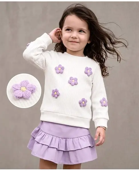 Mark & Mia Full Sleeves Top & Skirt Set With Flower Embroidery - White