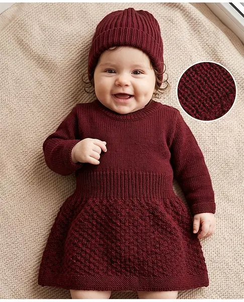 Babyhug Knit Woolen Dress and Cap with Full Sleeves in Maroon for 3-6 Months