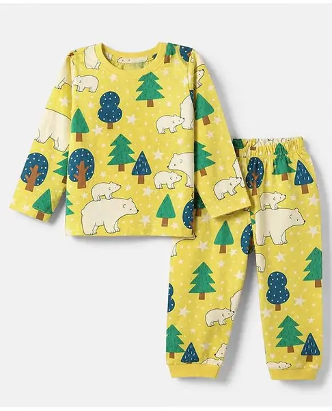 Babyhug Cotton Knit Full Sleeves Co-Ords T-Shirt & Pyjama Night Suit with Bear Print - Yellow