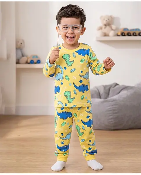 Babyhug Cotton Knit Full Sleeves Co-Ords T-Shirt & Pyjama Night Suit with Dinosaur Print - Yellow