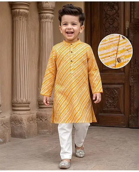 Babyhug 100% Cotton Woven Full Sleeves Striped Sequined Kurta & Pyjama Set - Yellow