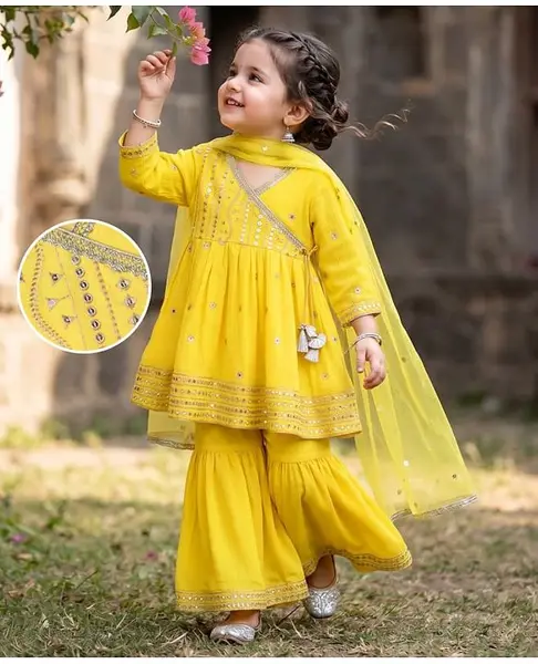 Babyhug Georgette Woven Three Fourth Sleeves Sequin Embroidered Kurti Gharara and Dupatta Set - Yellow