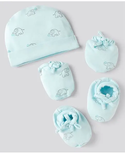 Simply Interlock Knit Cap  Mitten & Booties Set With Elephant Print Aqua Blue - Diameter 9 cm