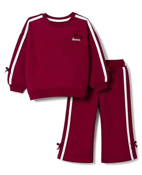 Babyhug Terry Knit Full Sleeves Top and Pants Set with Amour Print - Maroon