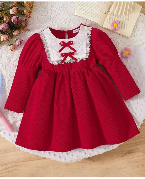 Mark & Mia Full Sleeves Frock With Bow Applique - Maroon