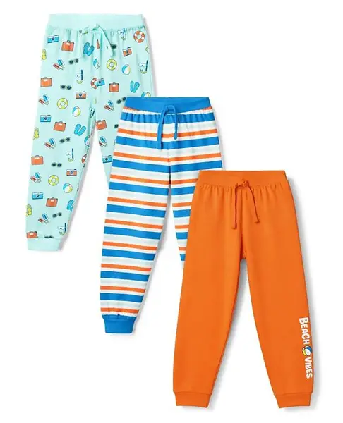 Babyhug Cotton Single Jersey Knit Full Length Lounge Pant With Stripes & Beach Vibes Text Print - Blue & Orange