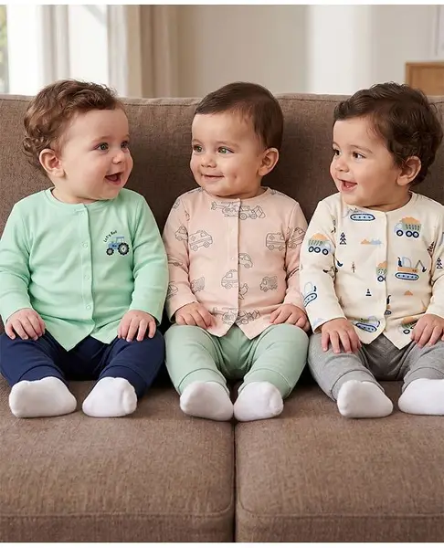 Babyoye 100% Cotton 40s Interlock with Ecojiva Finish Knit Full Sleeves Jhablas with Vehicle Print Pack of 3 - Peach  Light Yellow  Light Green