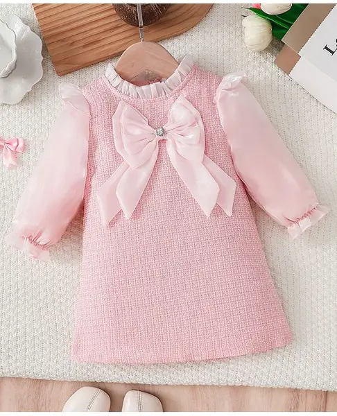 Mark & Mia Cotton Mix One Piece Dress with Full Sleeves and Bow Applique in Pink