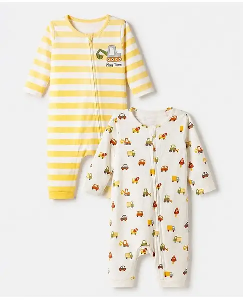 Babyhug 100% Cotton Knit Full Sleeves Striped Rompers With Vehicle Print Pack of 2 - White & Yellow