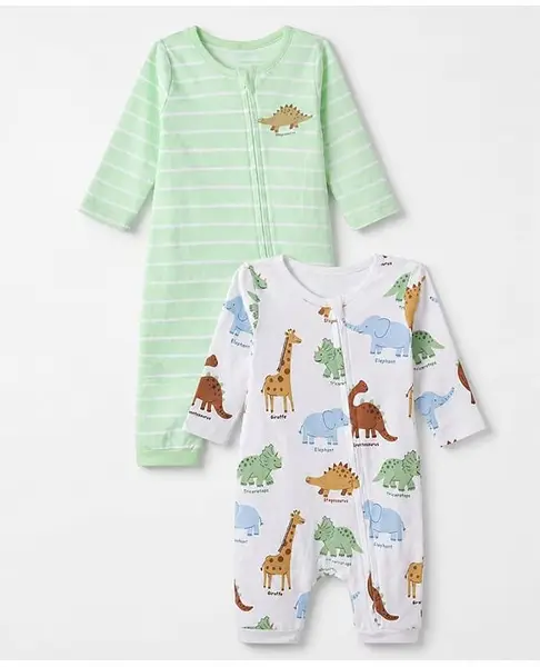 Babyhug 100% Cotton Knit Full Sleeves Striped Rompers With Dinosaur Print Pack of 2 - White & Light Green