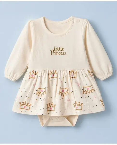 Babyhug 100% Cotton Single Jersey Knit Full Sleeves Onesie With Little Princess Text Embroidery - Offwhite