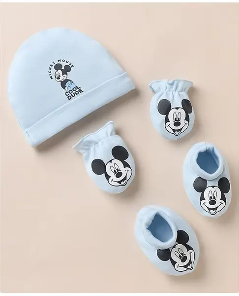 Babyhug Disney Interlock Knit Cap  Mitten Booties With Mickey Mouse Graphic Print Light Blue - Diameter 11 cm