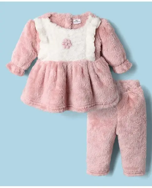 Moms Pet Fur Knit Full Sleeves Floral Applique Detailed Dress With Leggings - Peach