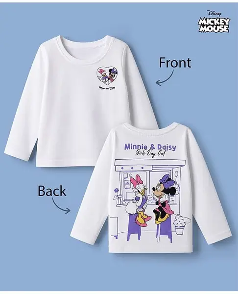 Babyhug Disney 100% Cotton Single Jersey Knit T-Shirt with Full Sleeves and Front & Back Minnie Mouse with Daisy Duck Print - White