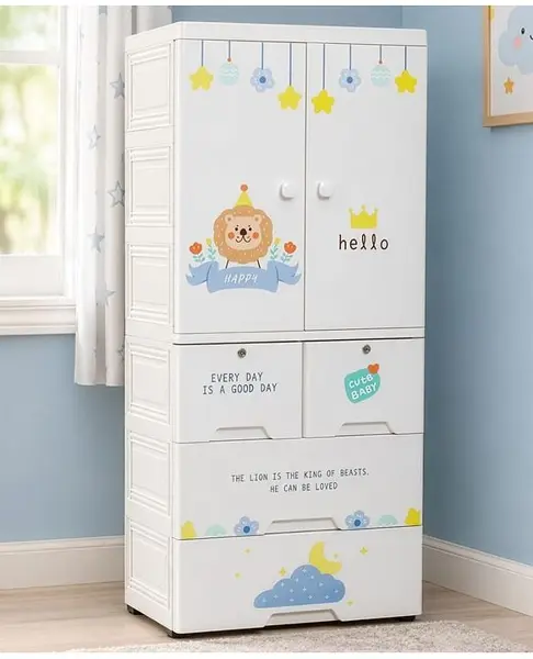 Purple Tots Printed Collapsible Wardrobe With Shelves & 3 Drawers With Lion Print - White
