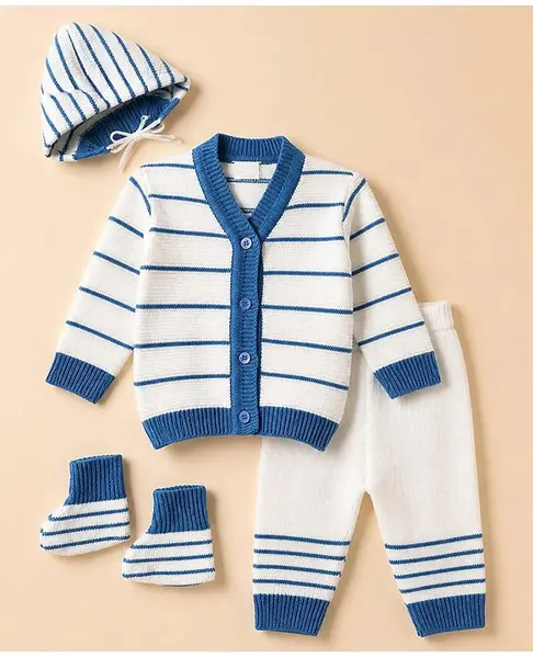 Babyhug Knit Full Sleeves Sweater Sets with Cap & Booties Striped Print in Blue