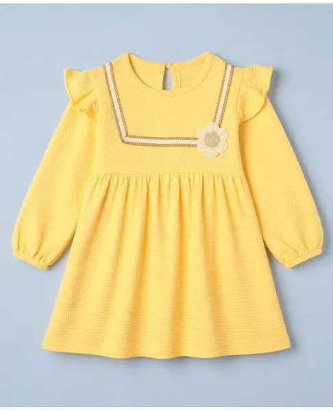 Babyhug Cotton Knit Frock with Full Sleeves and Flower Applique in Yellow