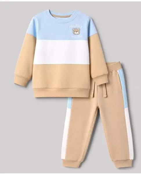 Babyhug 100% Cotton Terry Full Sleeves Tshirt and Bottomwear With Full Length and Bear Applique in Beige