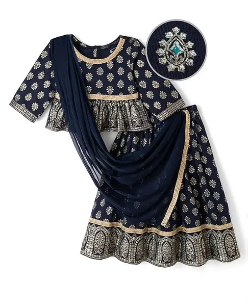EARTHY TOUCH 100% Cotton Single Jersey Knit Three Fourth Sleeves Printed Choli & Lehenga With Dupatta - Navy Blue