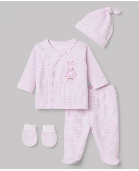 I Bears Interlock Knit Full Sleeves T-Shirt & Pajama Night Suit with Cap and Mittens with Bunny Print & Checks - Pink
