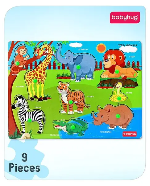 Babyhug Wooden Wild Animals Puzzle Multicolour - 9 Pieces