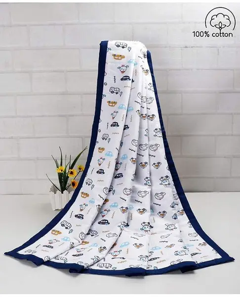Babyhug Premium 3 Layered Baby Muslin Blanket Car Print -Navy Blue