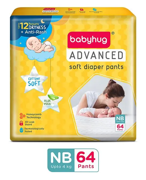 Babyhug Advanced Pant Style Diapers New Born (NB) Size - 64 Pieces  Honeycomb Technology  Cottony Soft Diaper with 3D Leak Guard  Latex & Alcohol Free  Anti-rash & Gentle