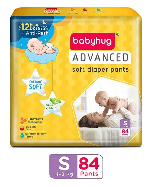 Babyhug Advanced Pant Style Diapers Small (S) Size - 84 Pieces  Honeycomb Technology  Cottony Soft Diaper with 3D Leak Guard  Latex & Alcohol Free  Anti-rash & Gentle