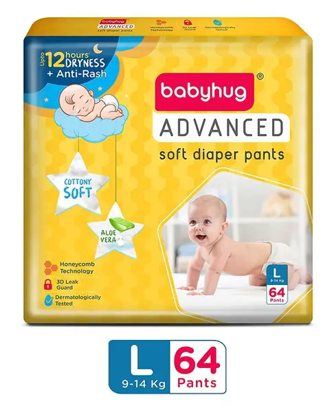 Babyhug Advanced Pant Style Diapers Large (L) Size - 64 Pieces  Honeycomb Technology  Cottony Soft Diaper with 3D Leak Guard  Latex & Alcohol Free  Anti-rash & Gentle