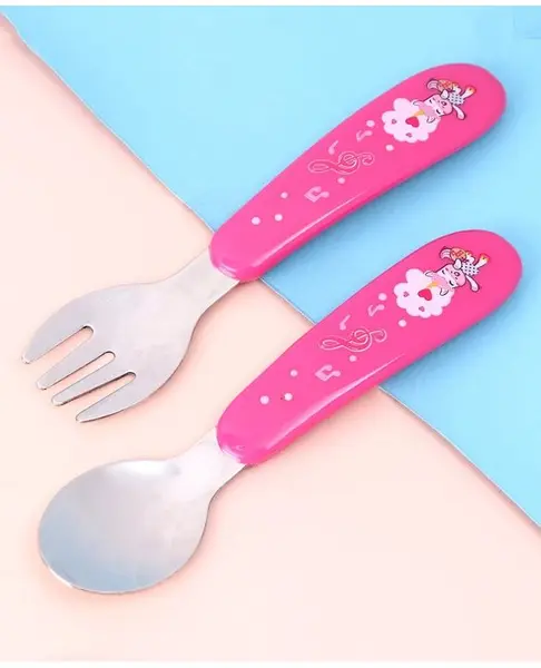 Babyhug Ergo Grip Stainless Steel Spoon & Fork Set - Pink