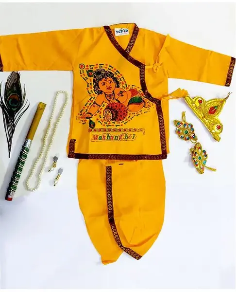 Sakhyam Krishna Theme Full Sleeves Kurta & Dhoti Set With Jewellery - Yellow
