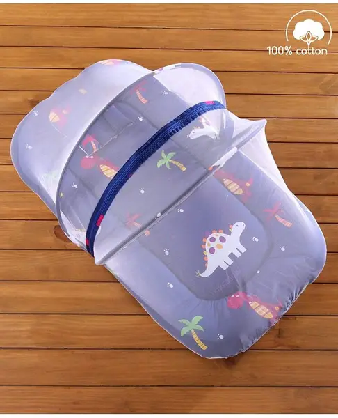 Babyhug Cotton Bedding Set with Mosquito Net Dino Kingdom Print - Navy Blue