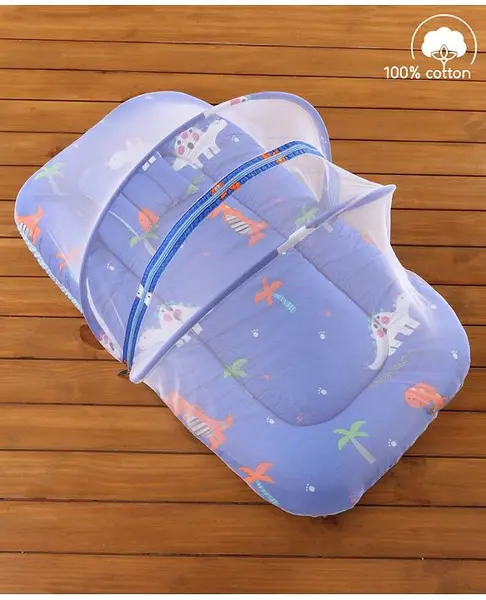 Babyhug Cotton Bedding Set with Mosquito Net Dino Kingdom Print - Blue