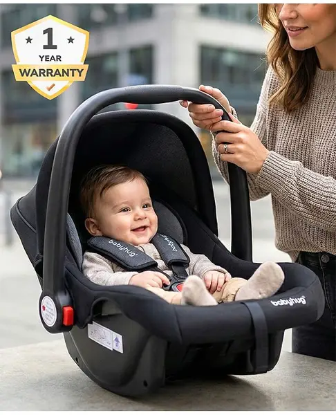 Babyhug Amber Car Seat Cum Carry Cot With Rocking Base with 1 Year Warranty - Black Grey