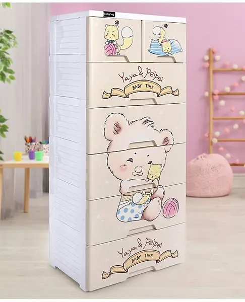 Babyhug 6 Layers High Density Plastic Storage Cabinet Teddy Print With Wheels - White