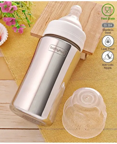 Babyhug Stainless Steel Feeding Bottle with Leak-Proof Cap & Silicone Nipple 300 ml